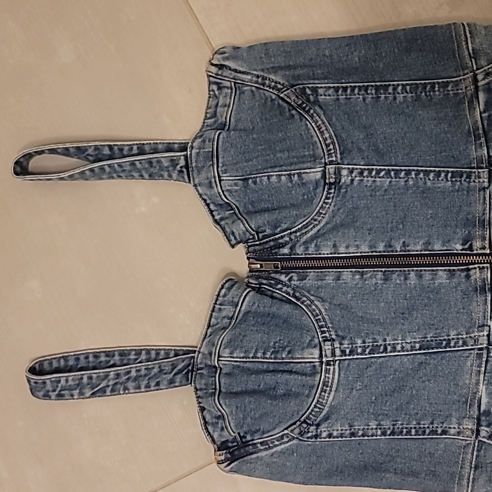 Alice + Olivia Medium Blue Denim Bustier Zip-Front Overalls - Picture 7 of 12